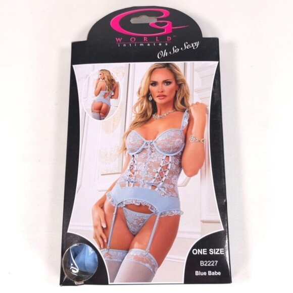 G World Intimates 3pc Lace up Garter Corset Thong & Stockings Blue Babe B2227‎ - Picture 3 of 7